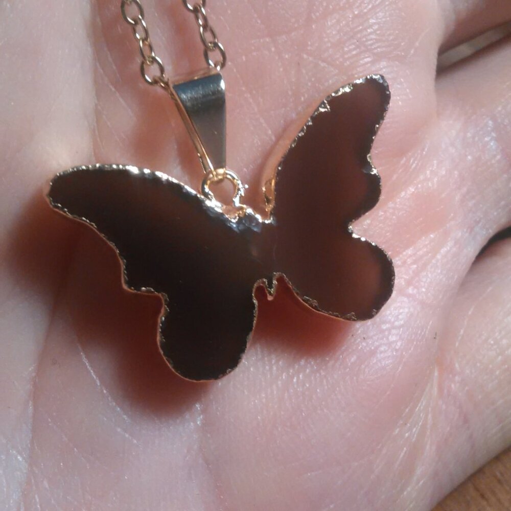 Brown Agate Goldtone Butterfly Pendant Goldtone Stainless Steel Necklace